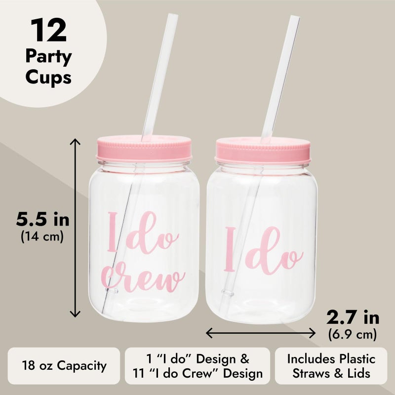 Sparkle and Bash I Do Crew Bachelorette Cups with Lids & Straws - Leak-Proof Bachelorette Party Accessories - Reusable Bridal Party Cups for Bridesmaid Gifts - Pink, Pack of 12, 18 oz - Image 4